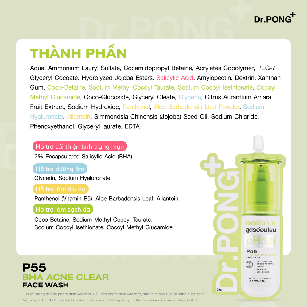 Gel rửa mặt hỗ trợ giảm mụn Dr.PONG p55 BHA Acne Clear Face Wash 20ml