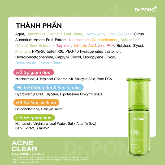 Toner hỗ trợ giảm mụn, kiềm dầu Dr.PONG Acne Clear Glowing Toner 100ml