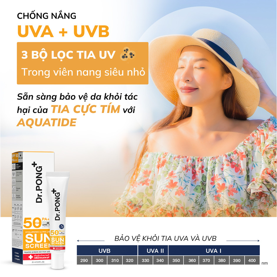 Kem chống nắng phổ rộng Dr.PONG Hyaluronic Ultra Light SPF50 PA+++ 25ml
