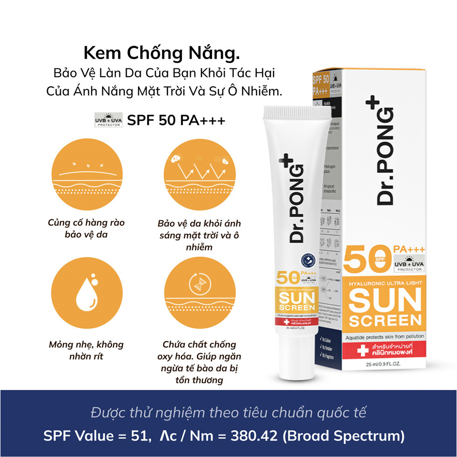 Kem chống nắng phổ rộng Dr.PONG Hyaluronic Ultra Light SPF50 PA+++ 25ml