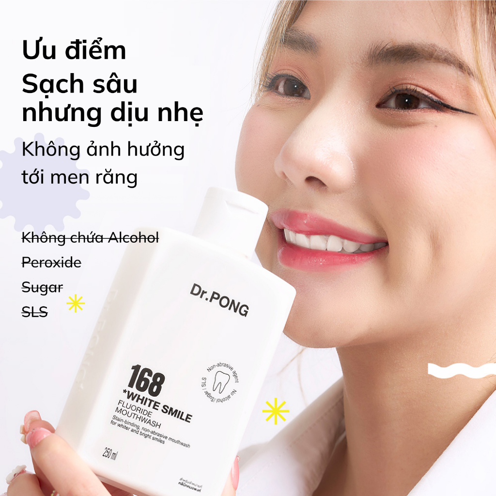 Nước súc miệng trắng răng, giảm mảng ố vàng, khử mùi hôi miệng Dr.PONG 168 White smile fluoride mouthwash 250ml
