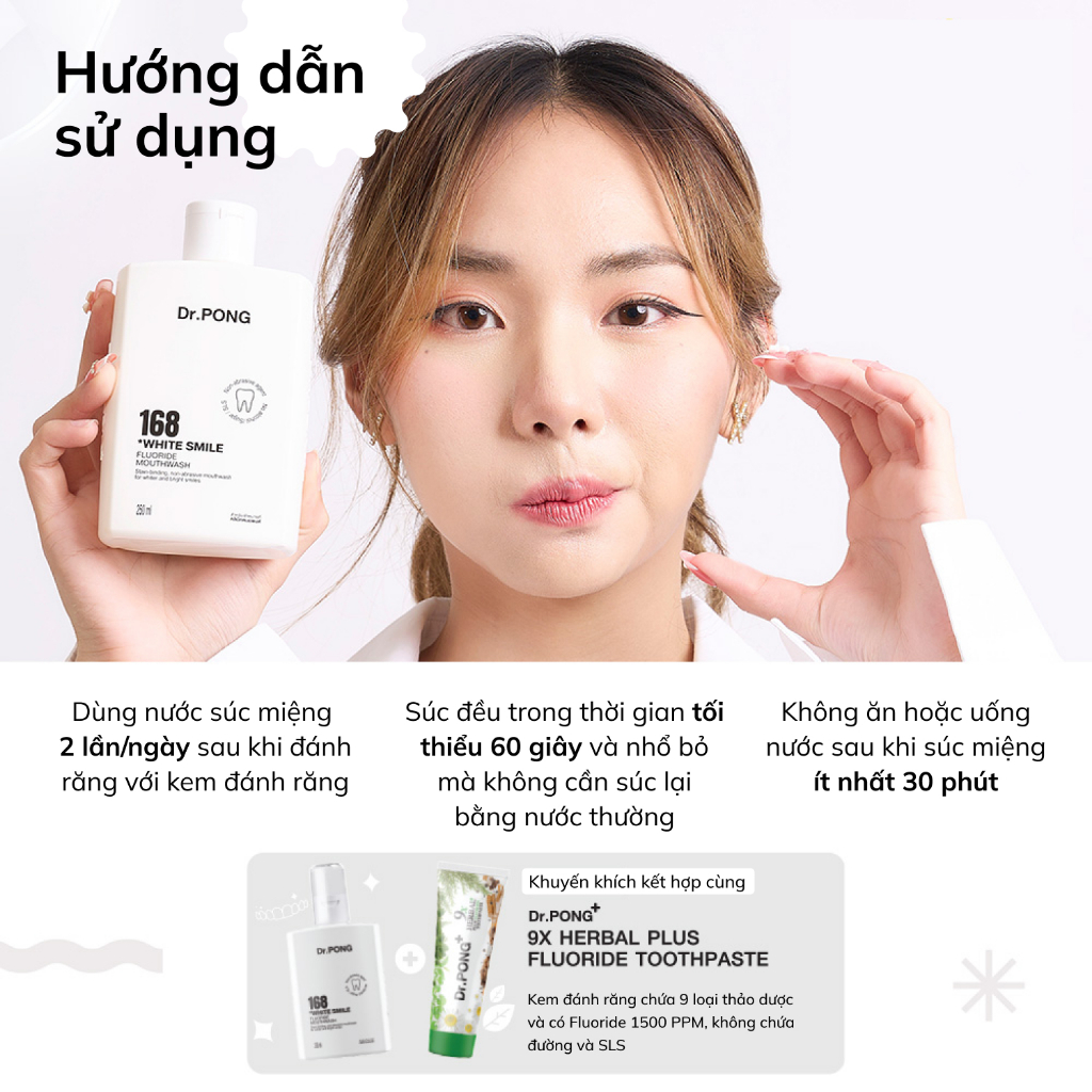 Nước súc miệng trắng răng, giảm mảng ố vàng, khử mùi hôi miệng Dr.PONG 168 White smile fluoride mouthwash 250ml