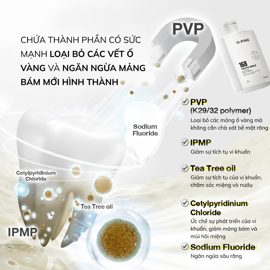 Nước súc miệng trắng răng, giảm mảng ố vàng, khử mùi hôi miệng Dr.PONG 168 White smile fluoride mouthwash 250ml