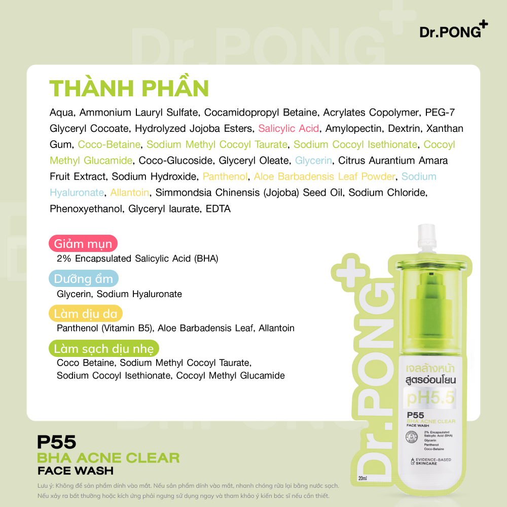 Gel rửa mặt giảm mụn Dr.PONG p55 BHA Acne Clear Face Wash 20ml