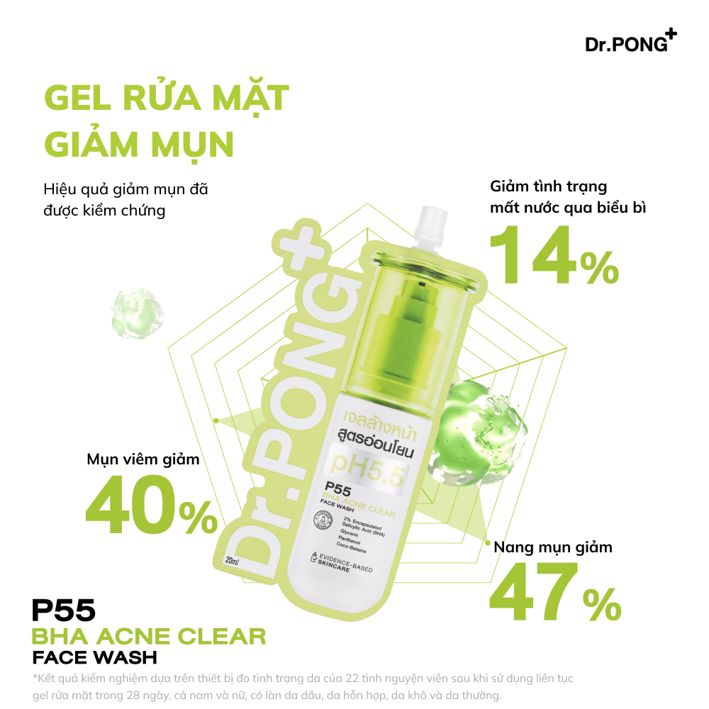 Gel rửa mặt giảm mụn Dr.PONG p55 BHA Acne Clear Face Wash 20ml