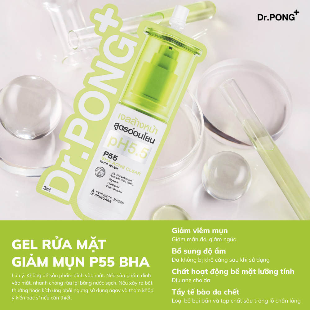 Gel rửa mặt giảm mụn Dr.PONG p55 BHA Acne Clear Face Wash 20ml