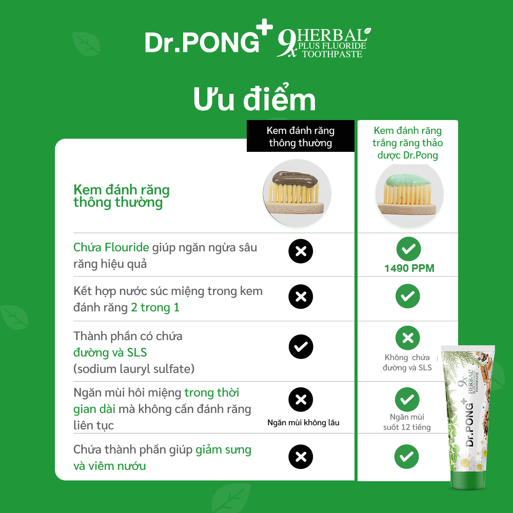 Kem đánh răng từ thảo dược & fluoride trắng răng, thơm miệng Dr.PONG 9X HERBAL PLUS FLUORIDE TOOTHPASTE 100g
