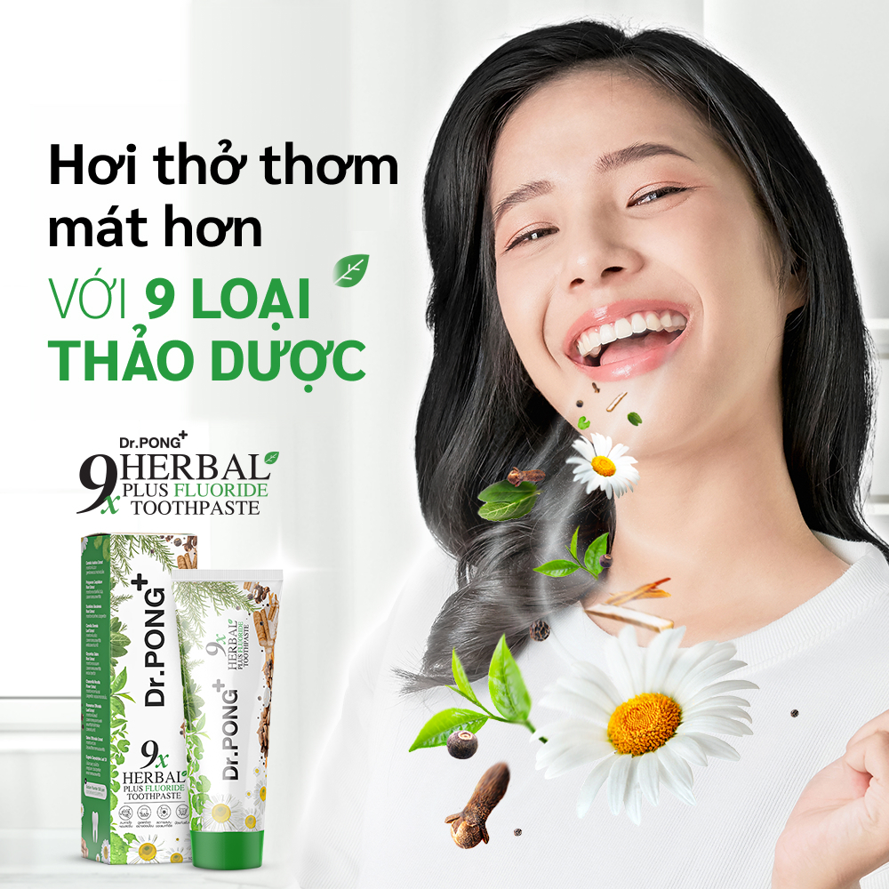 Kem đánh răng từ thảo dược & fluoride trắng răng, thơm miệng Dr.PONG 9X HERBAL PLUS FLUORIDE TOOTHPASTE 100g