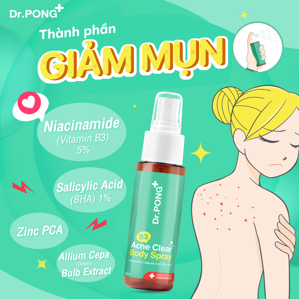 Xịt dưỡng hỗ trợ giảm mụn cơ thể Dr.PONG B3 Acne Clear Body Spray 60ml