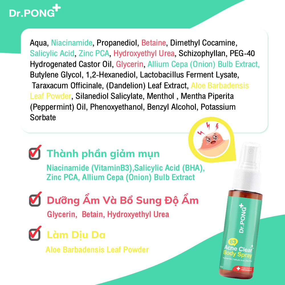 Xịt dưỡng hỗ trợ giảm mụn cơ thể Dr.PONG B3 Acne Clear Body Spray 60ml
