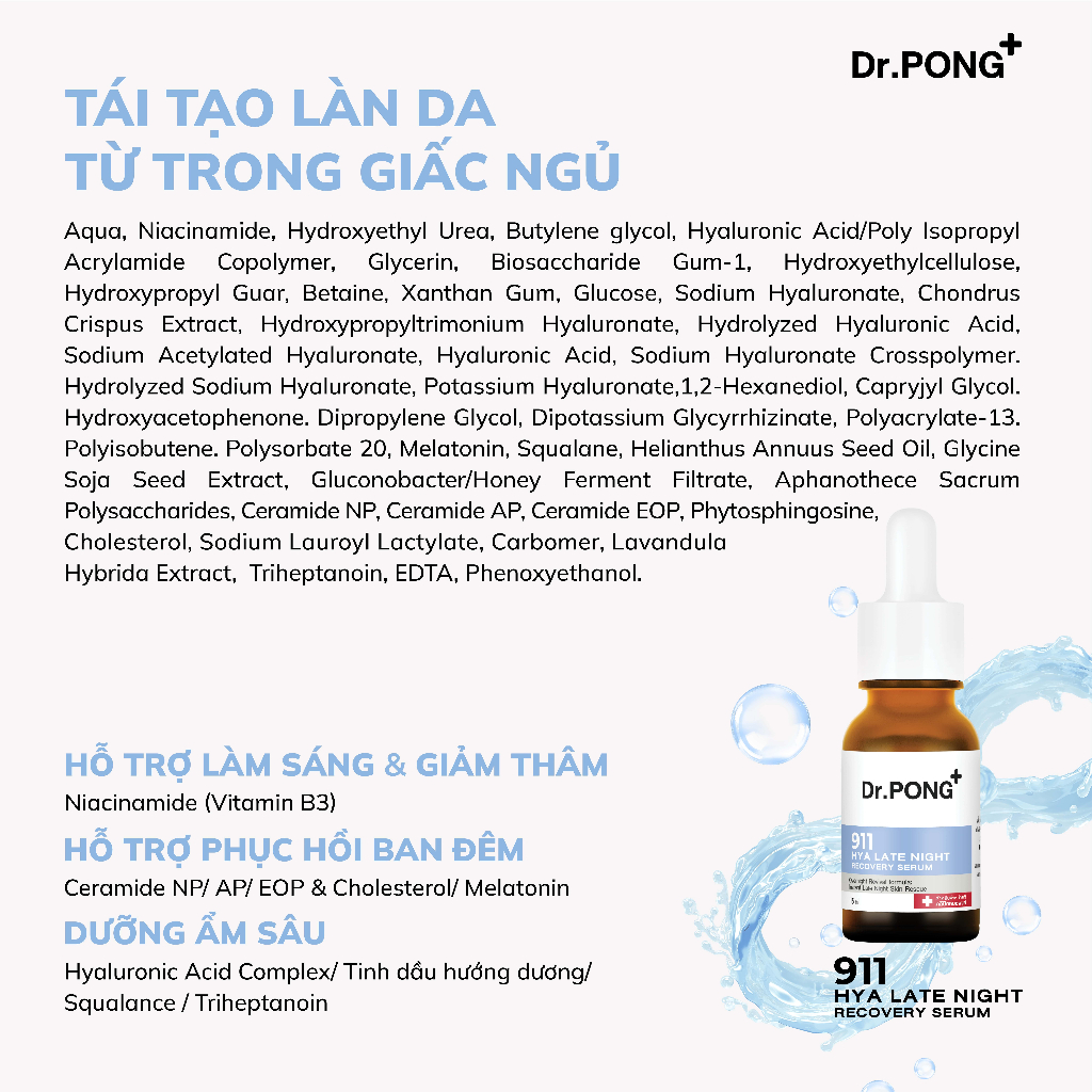 Serum dưỡng ẩm và phục hồi da Dr.PONG 911 Hya Late Night  Recovery Serum 15ml