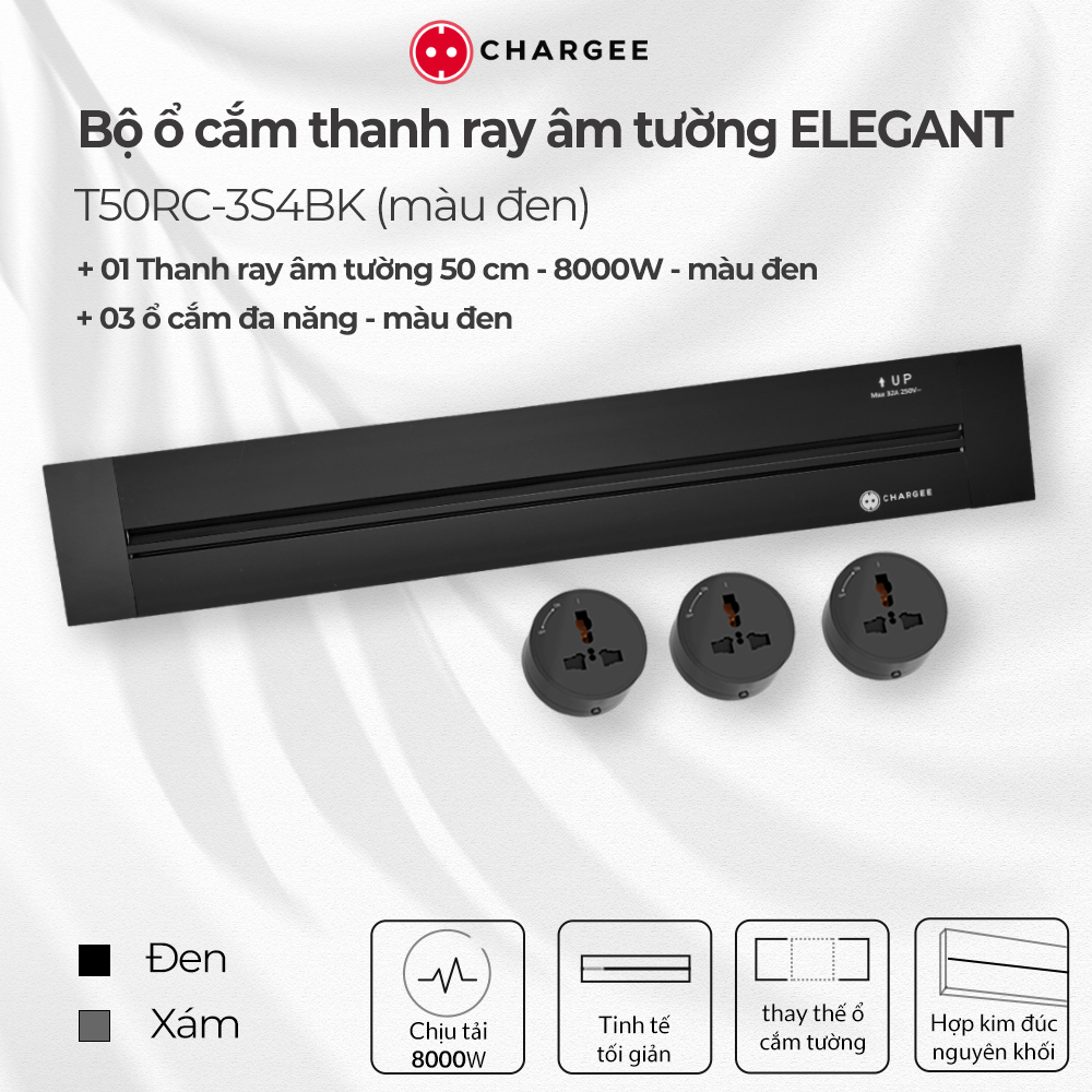 Combo Ổ cắm thanh ray âm tường CHARGEE ELEGANT màu đen T50RC-3S4BK