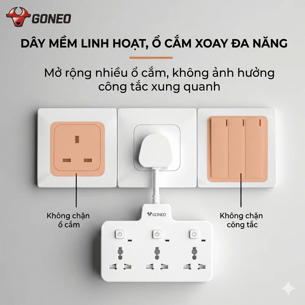 Ổ Cắm Điện GONEO NZ3030R 3 Ổ 3 Công Tắc Riêng - Có Nắp Che An Toàn - Chống Cháy 2500W
