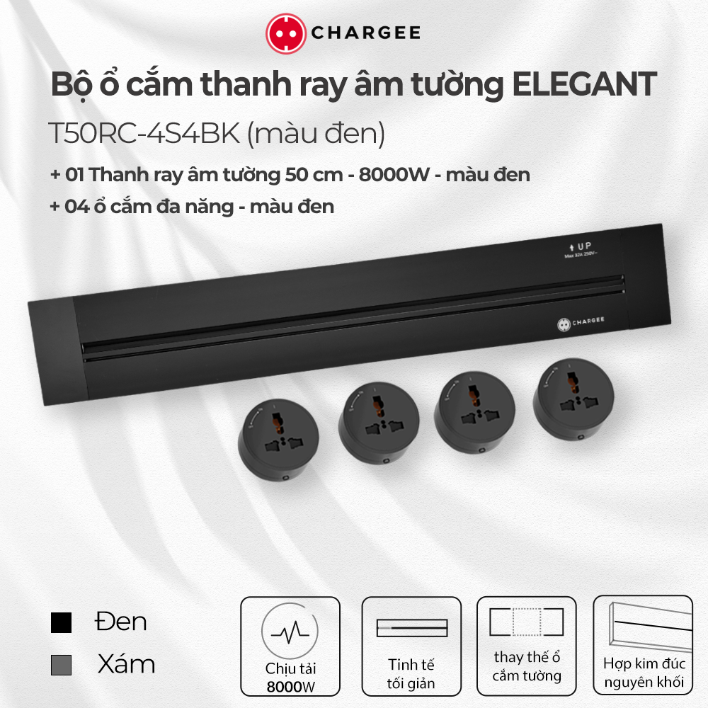 Combo Ổ cắm thanh ray âm tường CHARGEE ELEGANT màu đen T50RC-4S4BK