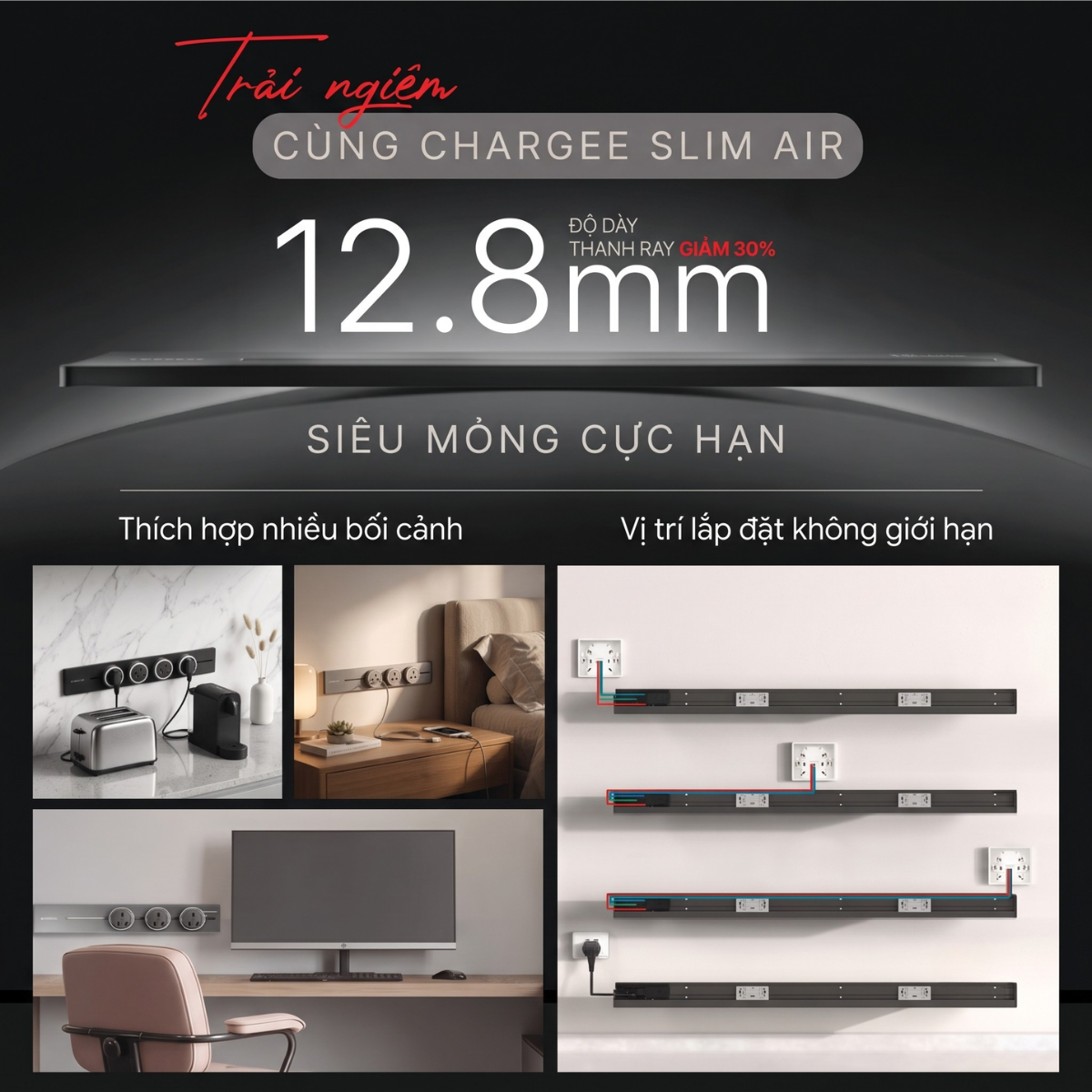 Chargee SlimAir Combo Thanh ray 50cm + 3 ổ đa năng màu Đen/Xám