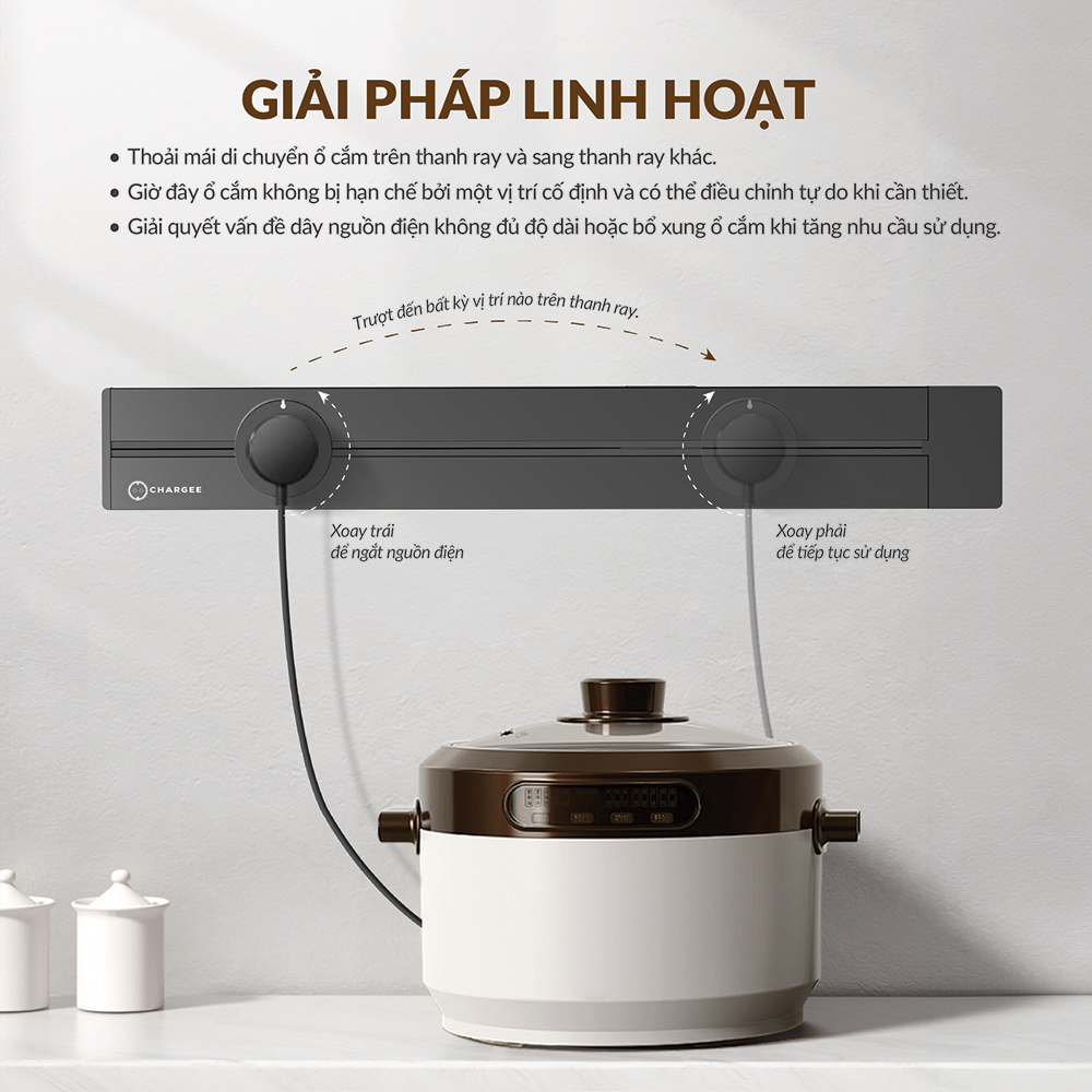 Combo Ổ cắm thanh ray CHARGEE 40cm + 4 ổ đa năng led tròn T40-4S3