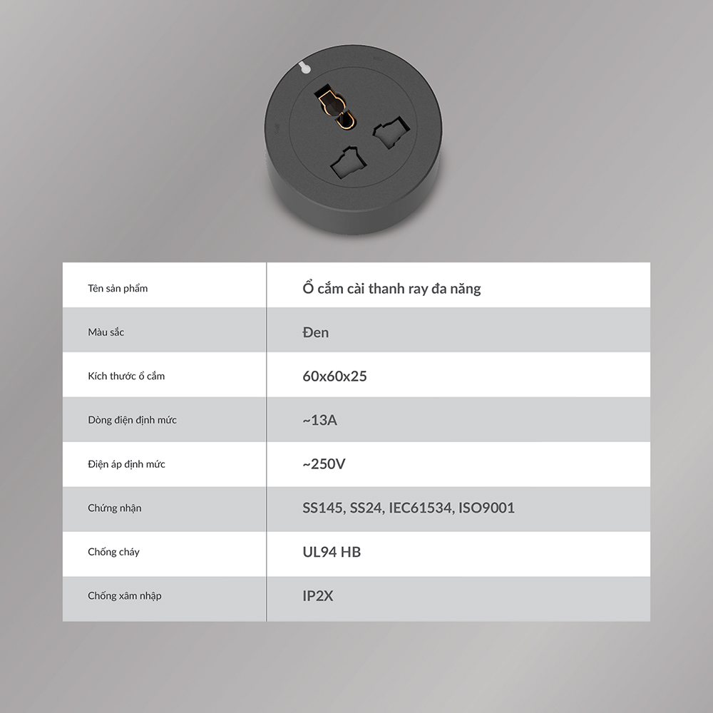 Combo Ổ cắm thanh ray CHARGEE 60cm + 2 ổ đa năng led điểm T60-2S1