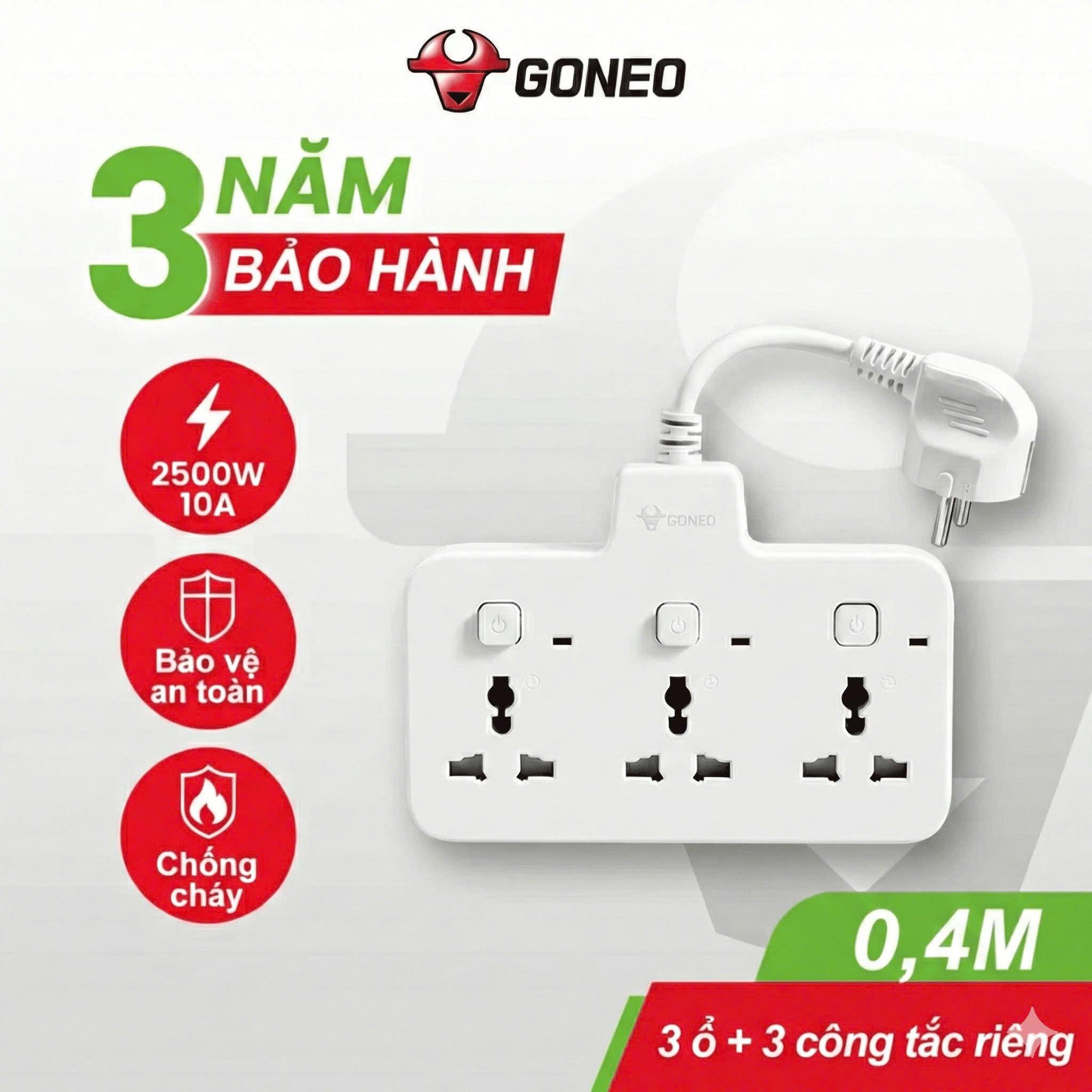 Ổ Cắm Điện GONEO NZ3030R 3 Ổ 3 Công Tắc Riêng - Có Nắp Che An Toàn - Chống Cháy 2500W