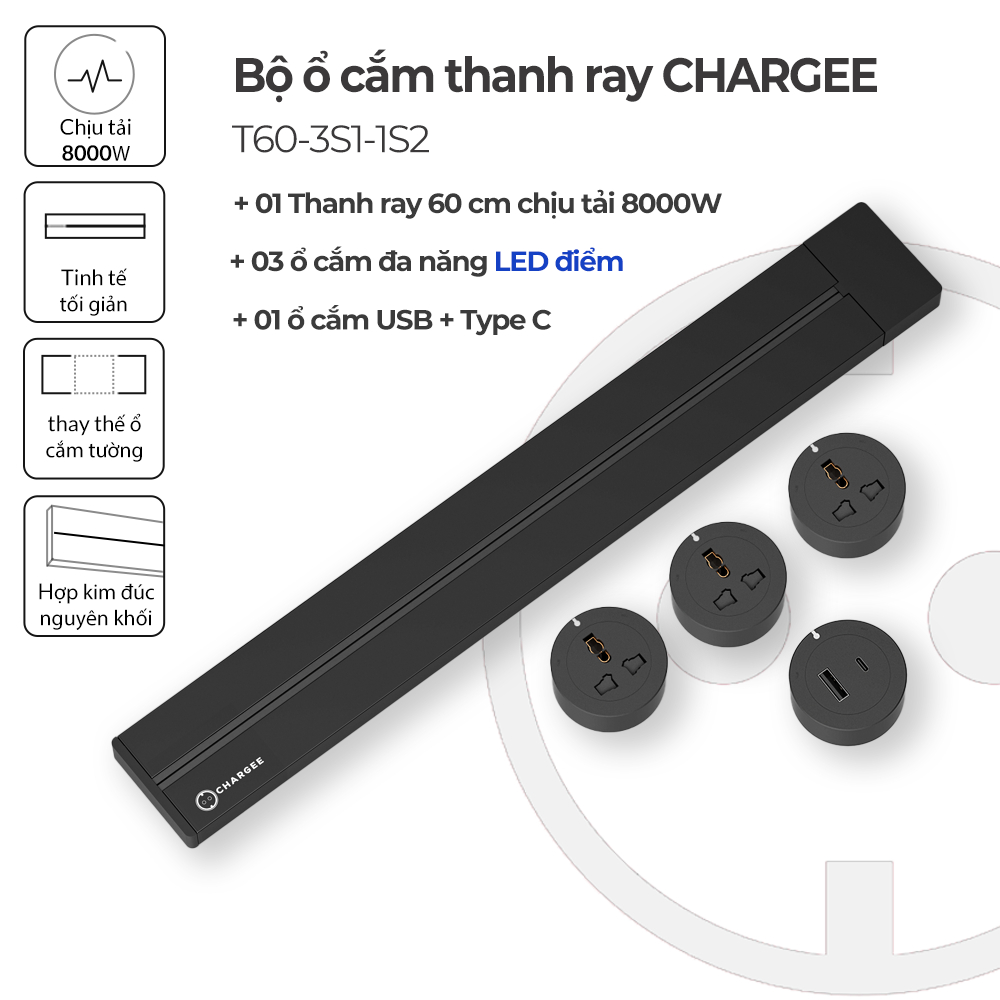 Combo Ổ cắm thanh ray CHARGEE kèm ổ Type C