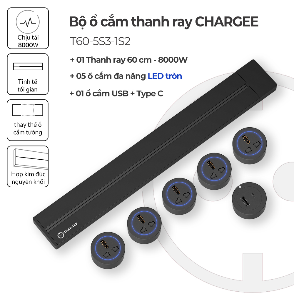 Combo Ổ cắm thanh ray CHARGEE kèm ổ Type C