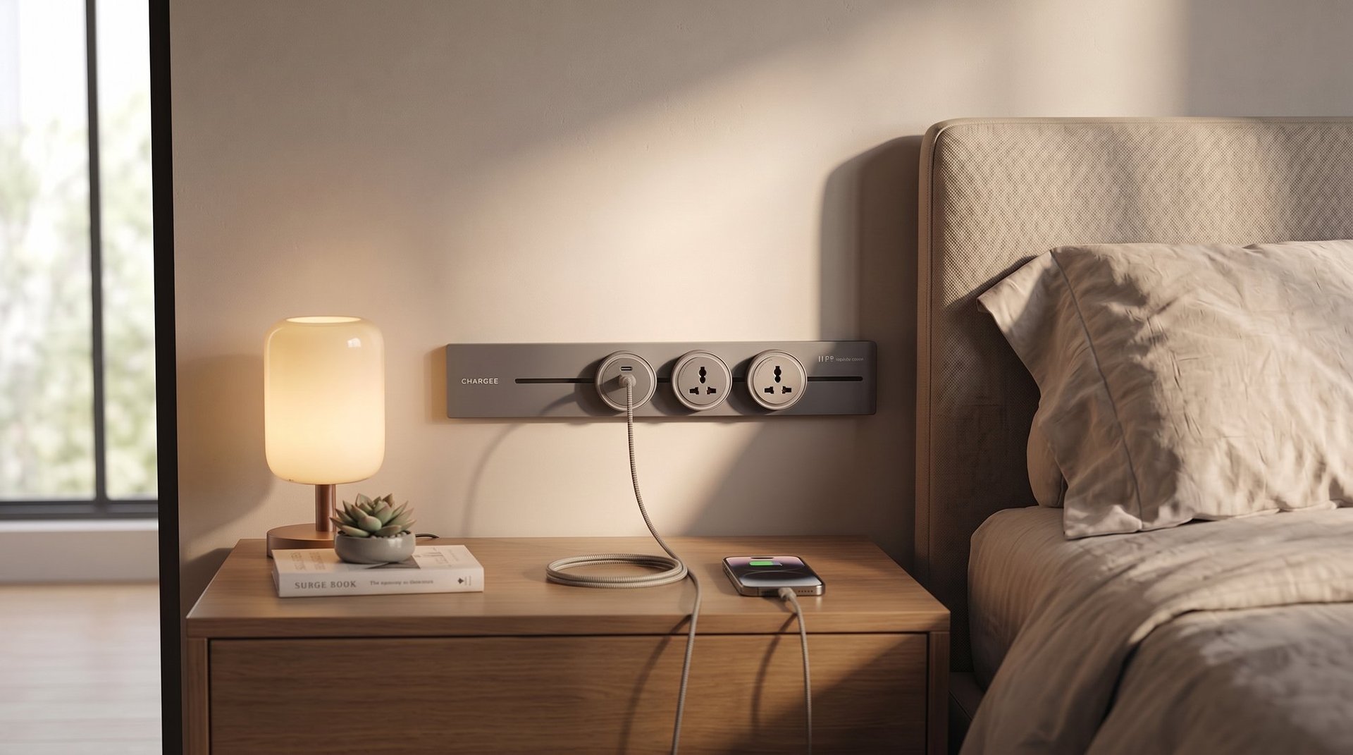 Thanh ray ổ cắm Chargee SlimAir lắp tường phòng ngủ