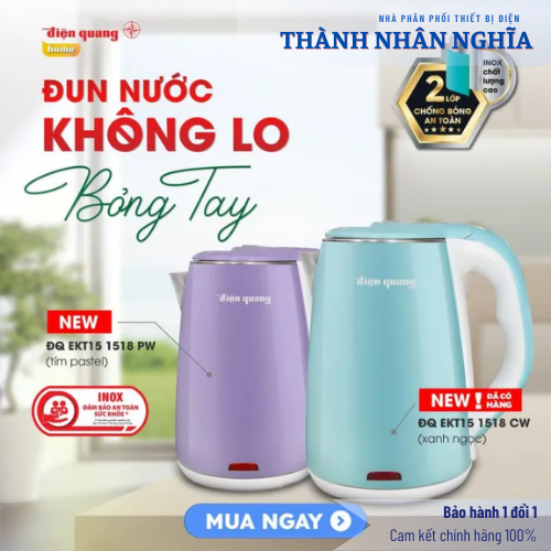 Ấm đun nước siêu tốc Điện Quang ĐQ EKT15 1518 PW (1500W, 1.8L, inox 201, nhựa màu tím –trắng)
