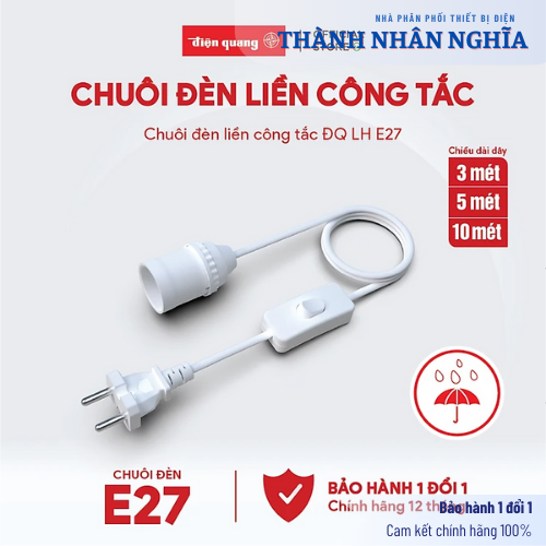 Chuôi đèn liền công tắc Điện Quang ĐQ LH 3W E27 (dây dài 3m, màu trắng)
