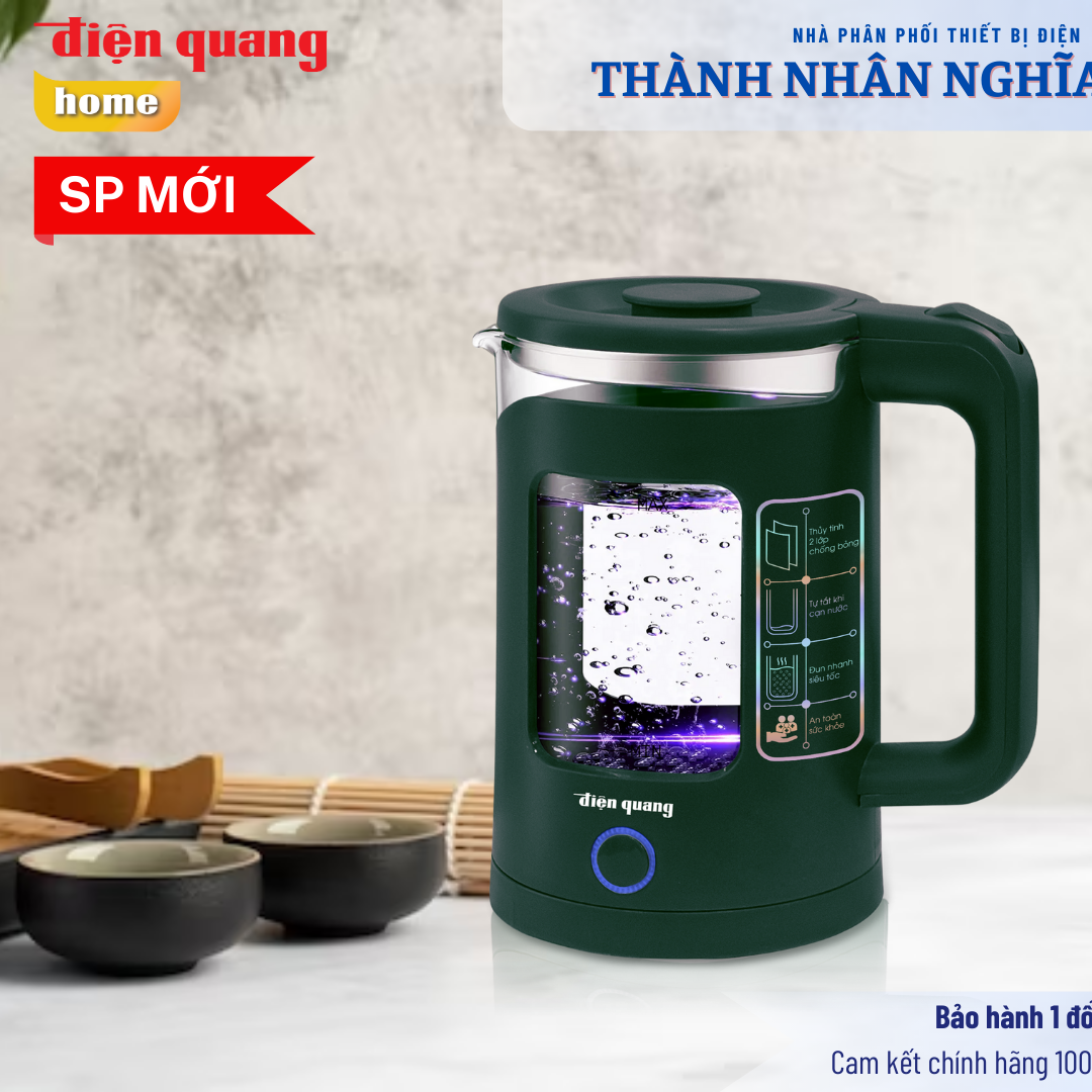 Ấm đun nước siêu tốc Điện Quang ĐQ EKT16 1515 MG ( 1500W, 1.5L, inox 201, thủy tinh cách nhiệt, màu xanh rêu)