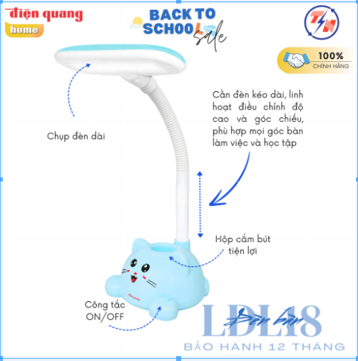 Đèn Bàn LED ĐQ LDL18 5 B (Mèo Xinh, Hộp Cắm Bút, Xanh)