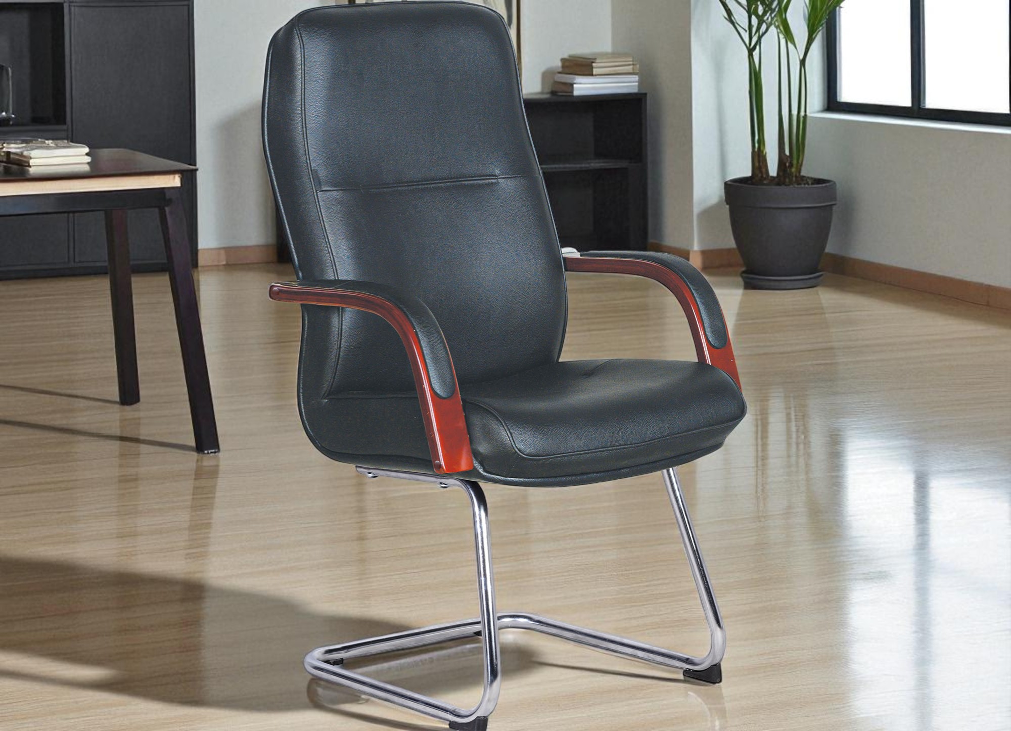 Ghế phòng họp SL926M lưng cao bọc da PVC, tay gỗ sơn, chân quỳ thép mạ chắc chắn, sang trọng.