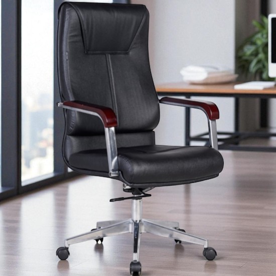 Ghế giám đốc GGDY036 lưng cao bọc da, tay thép mạ ốp gỗ, chân xoay mạ sáng bóng, thiết kế sang trọng và bền bỉ