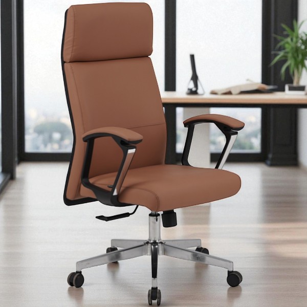 Ghế giám đốc GGDY034 lưng cao bọc da, có tay vịn thép mạ, chân xoay thép mạ và cơ chế ngả tựa, thư giãn để chân