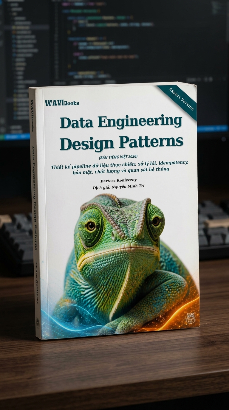Bìa Data Engineering Design Patterns bản Tiếng Việt Expert Version 2026, minh họa tắc kè hoa