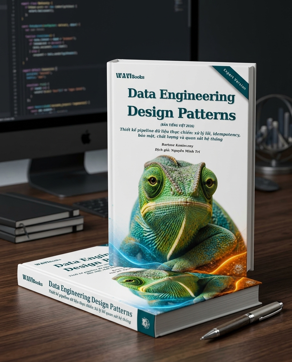 Bìa Data Engineering Design Patterns bản Tiếng Việt Expert Version 2026, minh họa tắc kè hoa