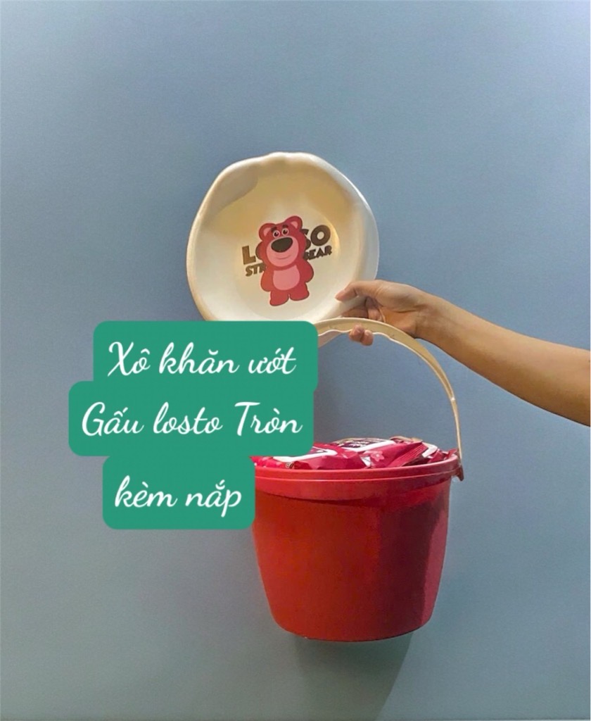 Xô khăn giấy ướt gấu losto tròn kèm nắp đậy mới [BH: NONE]