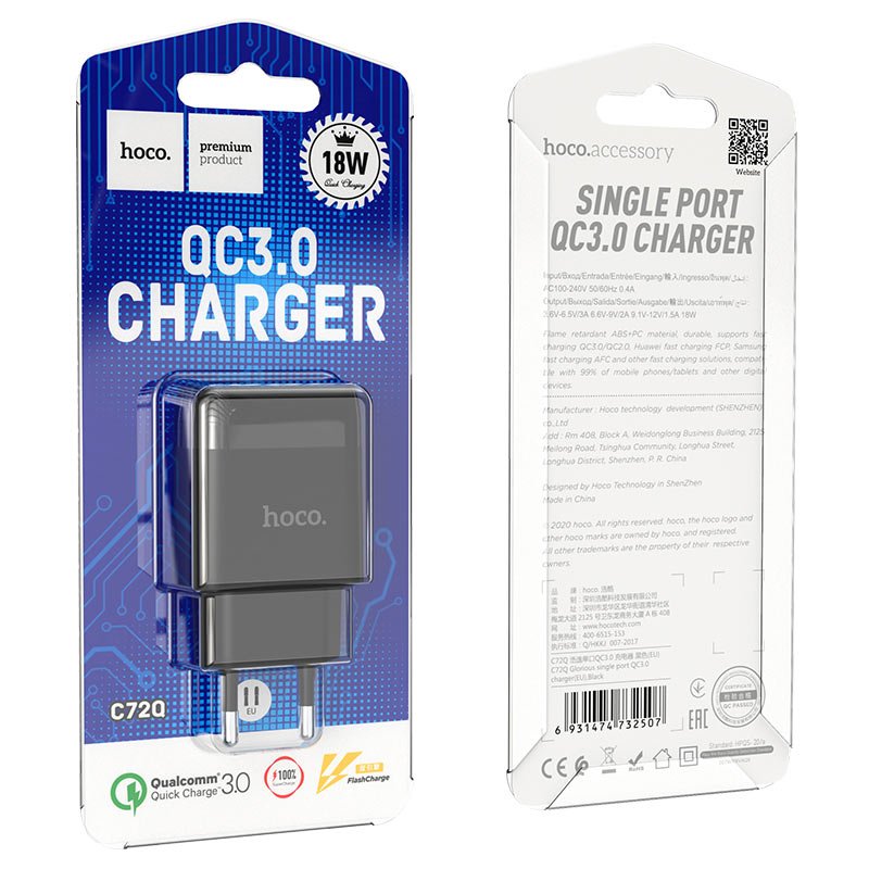 Cóc sạc nhanh 18w QC3.0 Hoco C72Q 1 cổng USB chính hãng [BH 1 năm]