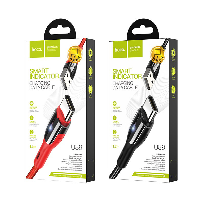 Cáp sạc nhanh Hoco U89 usb ra Type C 1.2M có đèn led báo sạc chính hãng [BH 1 năm] / pktn sale
