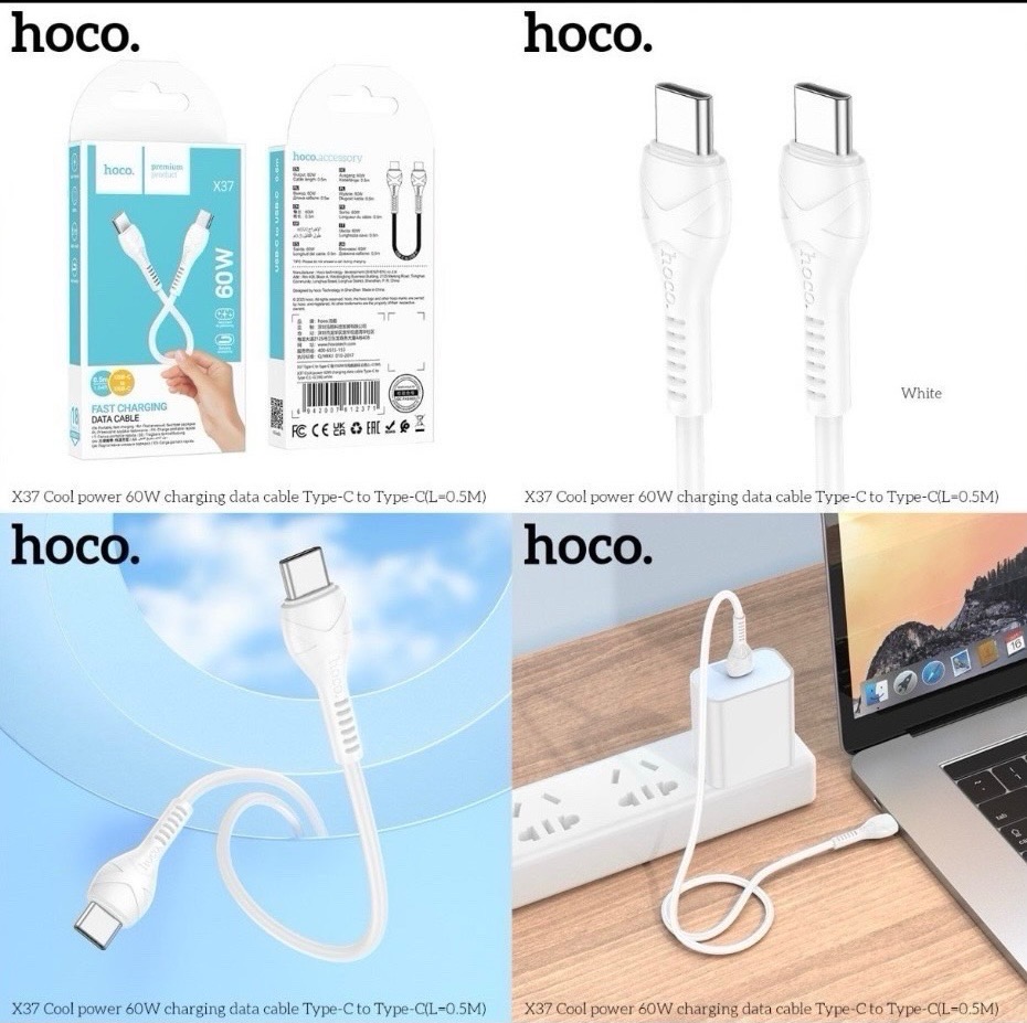 Cáp ngắn sạc nhanh PD60W Hoco X37 0.5m Type c ra Type C (c-c) chính hãng [BH: 1 Năm]