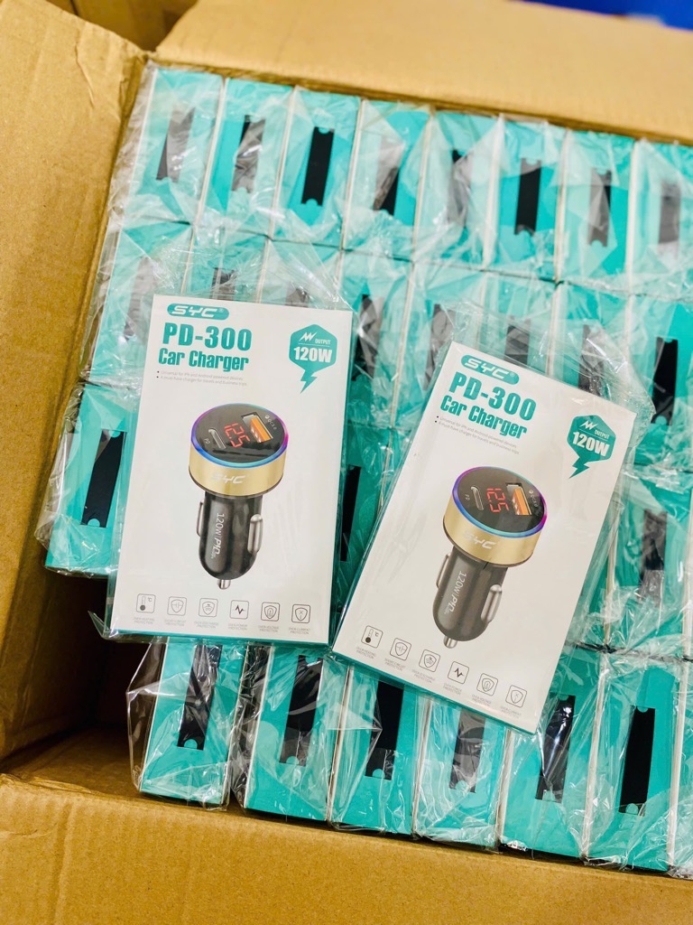 Tẩu sạc xe hơi, xe ô tô 120W SYC 300 2 cổng ( 1 cổng USB+ 1 Cổng Type C) có màn hình Led [BH: 1 NĂM]