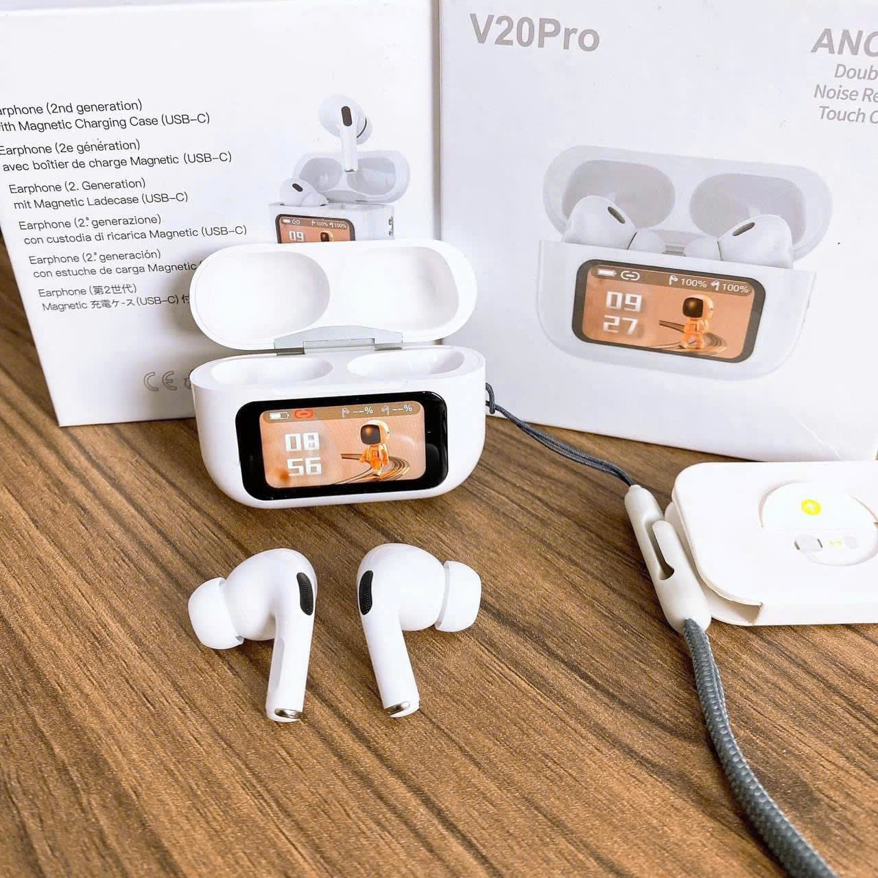 Tai nghe bluetooth kiểu dáng Airpods Pro V20PRO ANC/ENC Có màn hình LCD, có nút cao su kèm doc sạc [BH: 6 THÁNG]