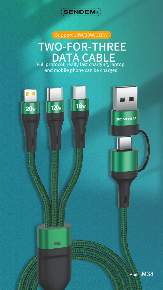 Cáp sạc nhanh 120w 3 đầu đa năng SENDEM M38 (U+C-C+L+M) 1.2M (1,2 mét) (usb / type-c ra typec, lightning iphone vs micro) chính hãng [BH 6 tháng]