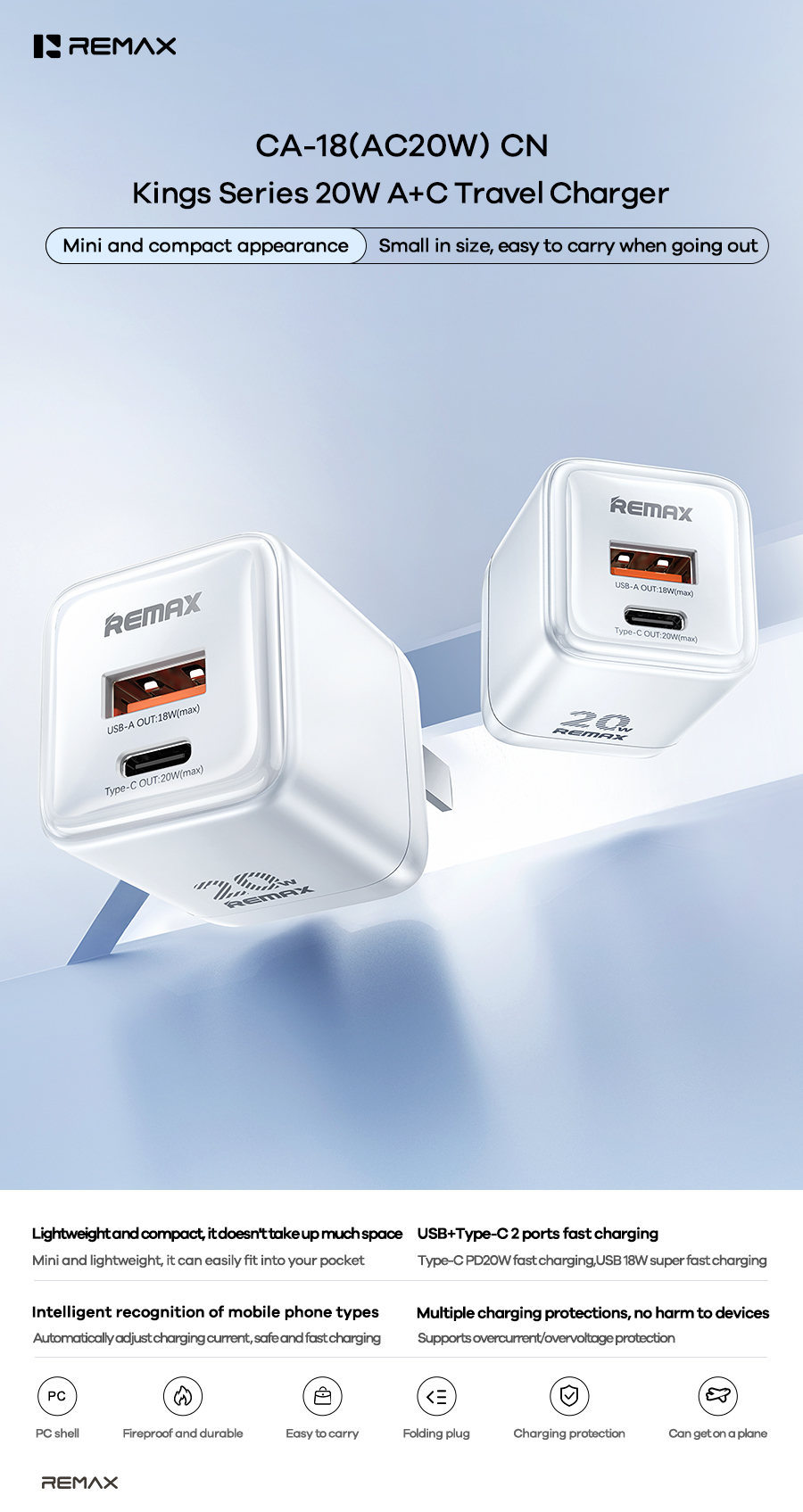 Cóc sạc nhanh 20w REMAX CA-18 AC20W cóc 2 cổng 1 cổng usb 1 cổng Type C siêu tiện lợi