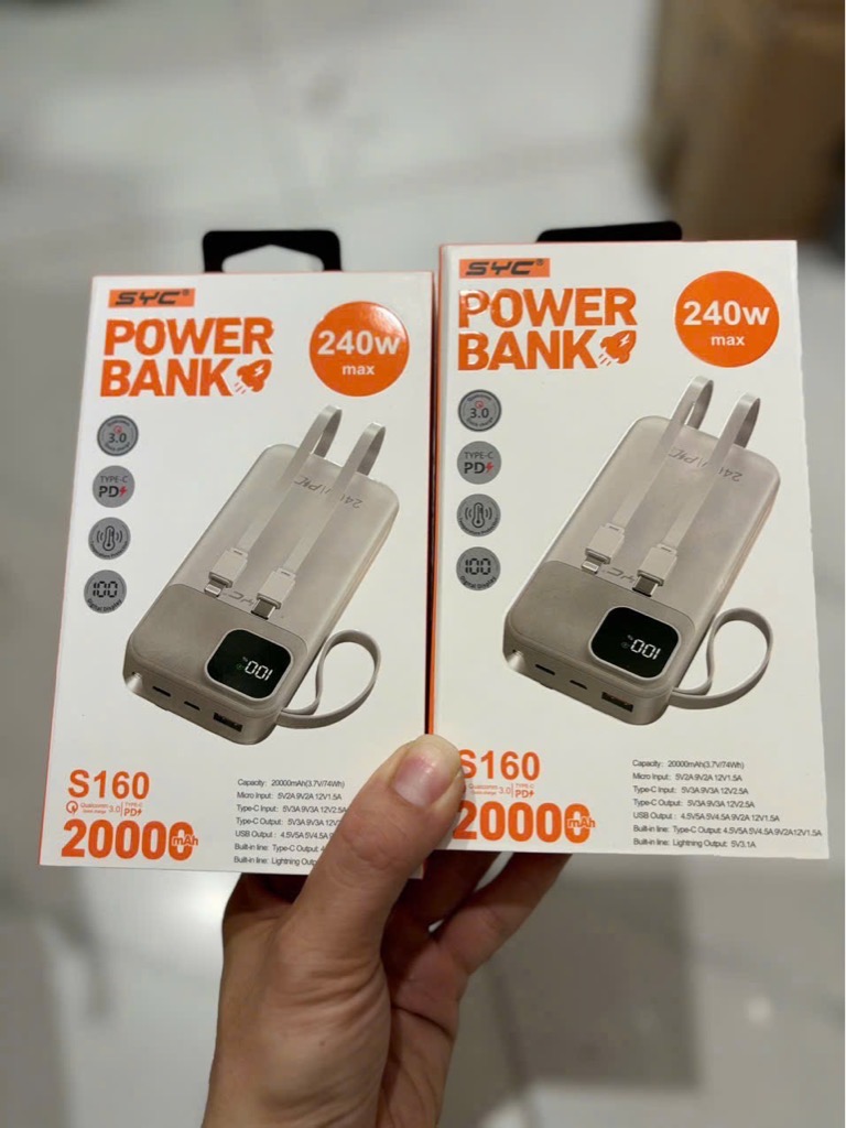 Pin sạc nhanh 240W max SYC S160 20.000mAh, có màn hình hiển thị % pin, cáp liền thân, có dây treo chính hãng [BH: 1 NĂM]
