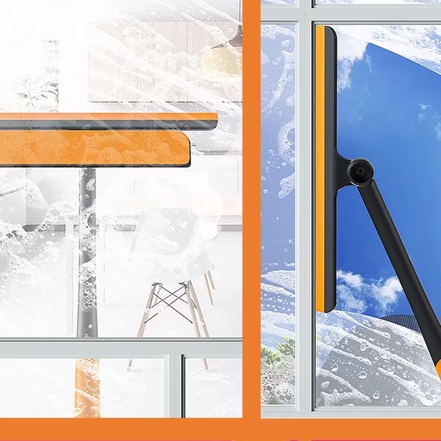 Cây lau kính 3in1 kèm thanh silicon gạt nước phối 2 màu Cam đen, tay cầm chống trượt, xoay 360 độ [BH: None]