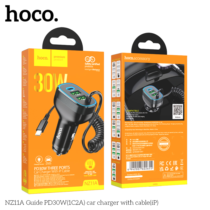 Bộ sạc cho xe hơi 30W HOCO NZ11A cáp iPhone (1 cổng Type C PD + 2 cổng USB) chính hãng [BH 1 NĂM]