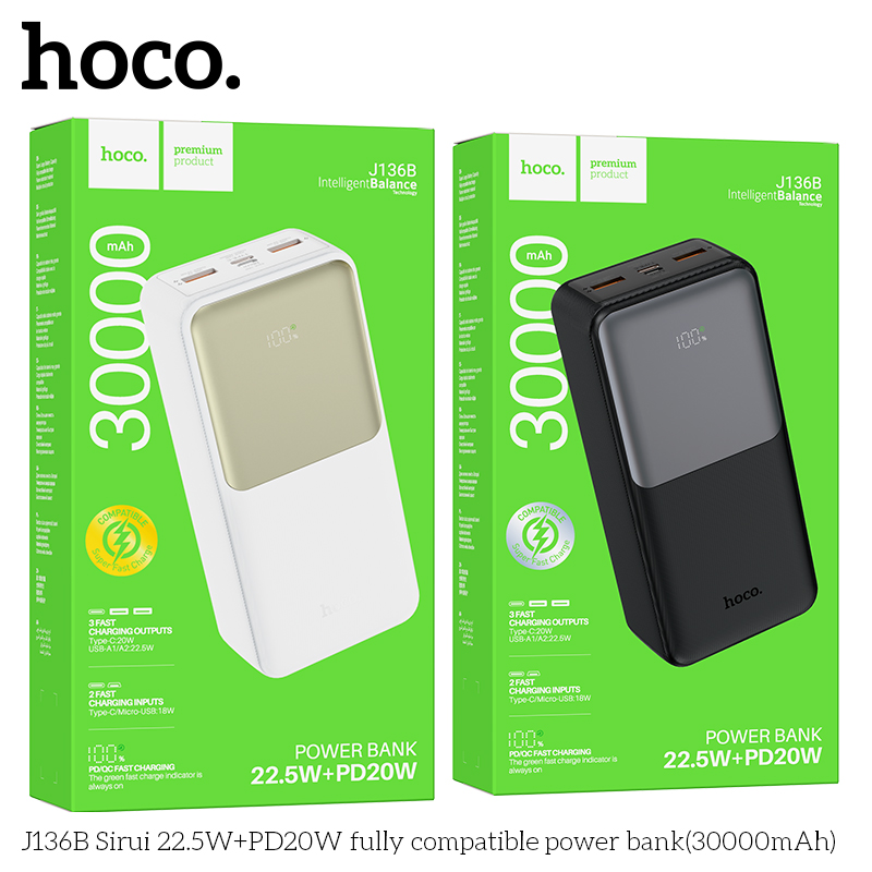 Pin sạc nhanh 22.5w HOCO J136B 30.000mAh dự phòng màn hình LED chính hãng [BH 1 Năm]
