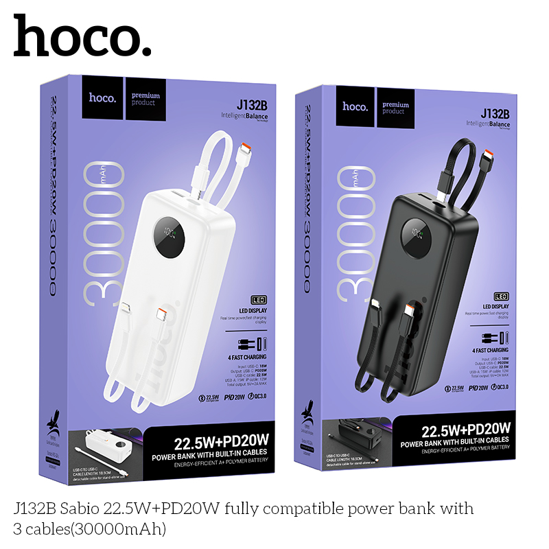 Pin sạc nhanh 22.5w HOCO J132B 30.000mAh dự phòng kèm 3 cáp liền pin có led chính hãng [BH 1 Năm]
