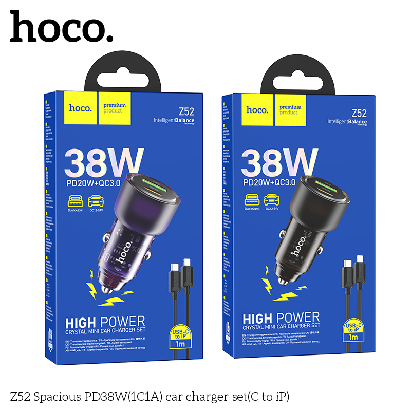 Bộ sạc nhanh cho xe hơi 38W HOCO Z52 cáp Type C to iPhone (1 cổng Type C PD + 1 cổng USB) chính hãng [BH 1 NĂM]