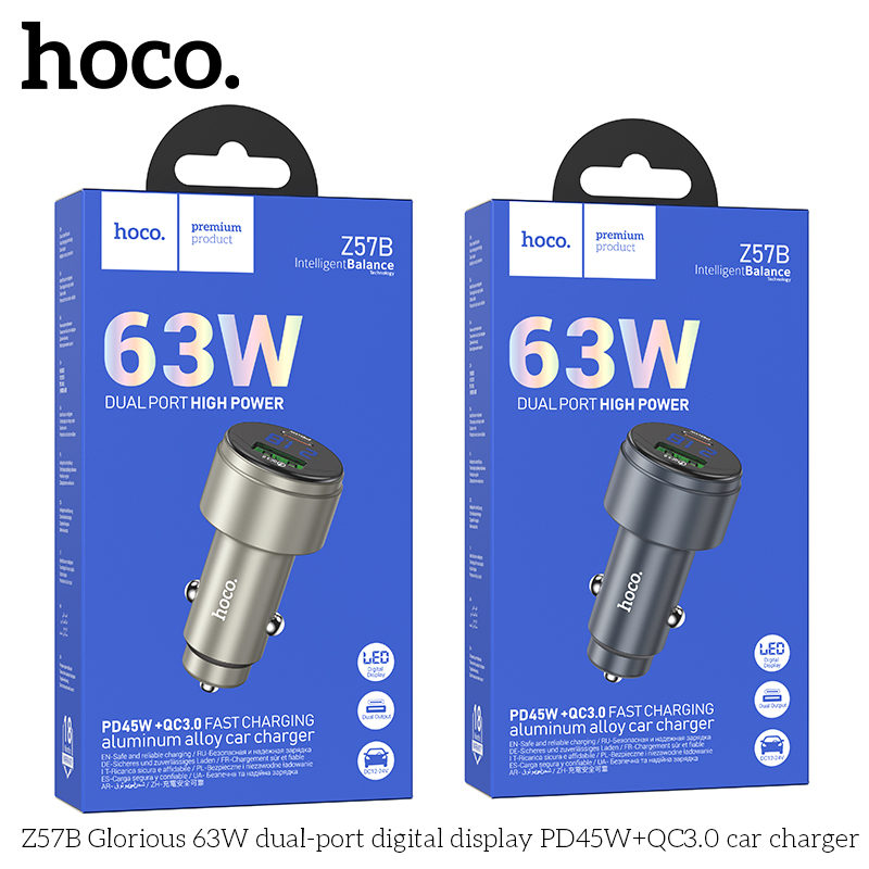 Cóc sạc nhanh xe hơi 63w HOCO Z57B (1 cổng USB, 1 cổng Type-c) màn hình LED chính hãng [BH 1 năm]