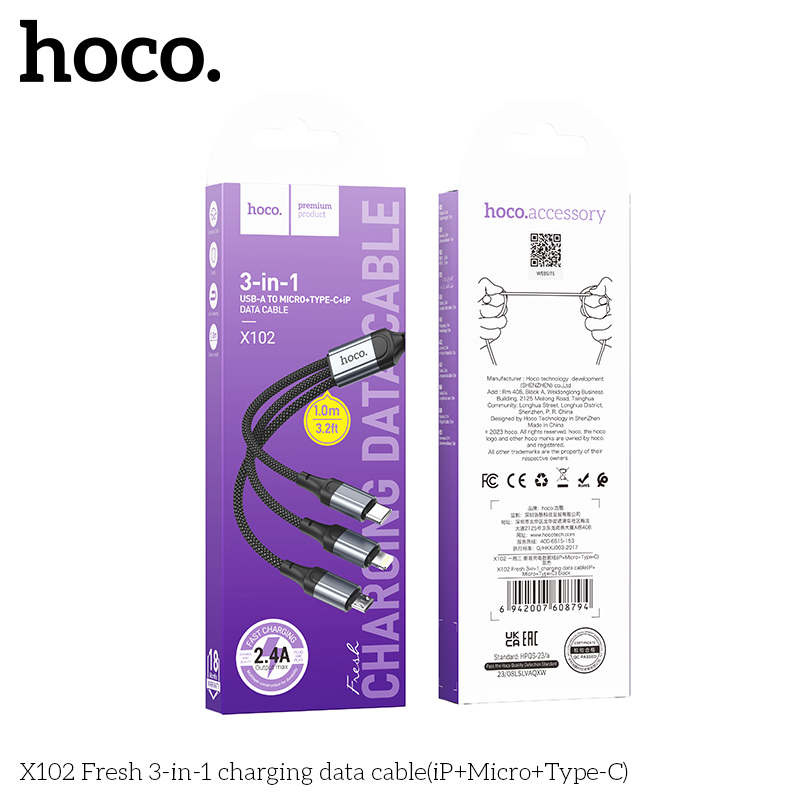 CÁP DỮ LIỆU SẠC 3 TRONG 1 HOCO X102 (IP+MICRO+TYPE-C) / pktn sale
